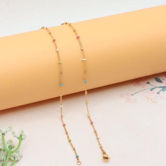 Colorful Beaded Rose Gold Necklace Dainty Chain Design, XPNL0293 - Picture 9 of 11